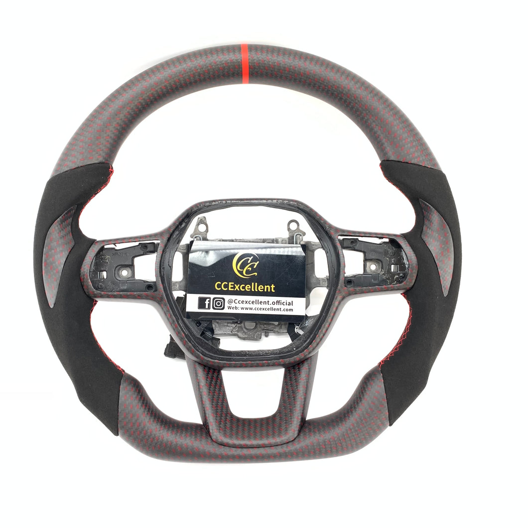 CCexcellent For 11th Gen/2022-2023 Honda Civic carbon fiber steering wheel with matte red top&trims