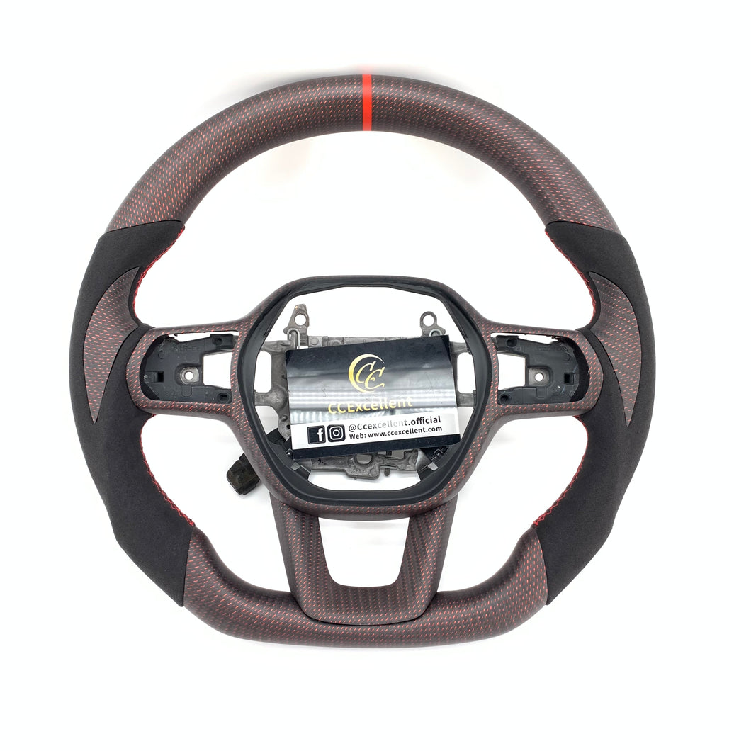 CCexcellent For 11th Gen/2022-2023 Honda Civic carbon fiber steering wheel with red wire carbon fiber top&bottom&trims