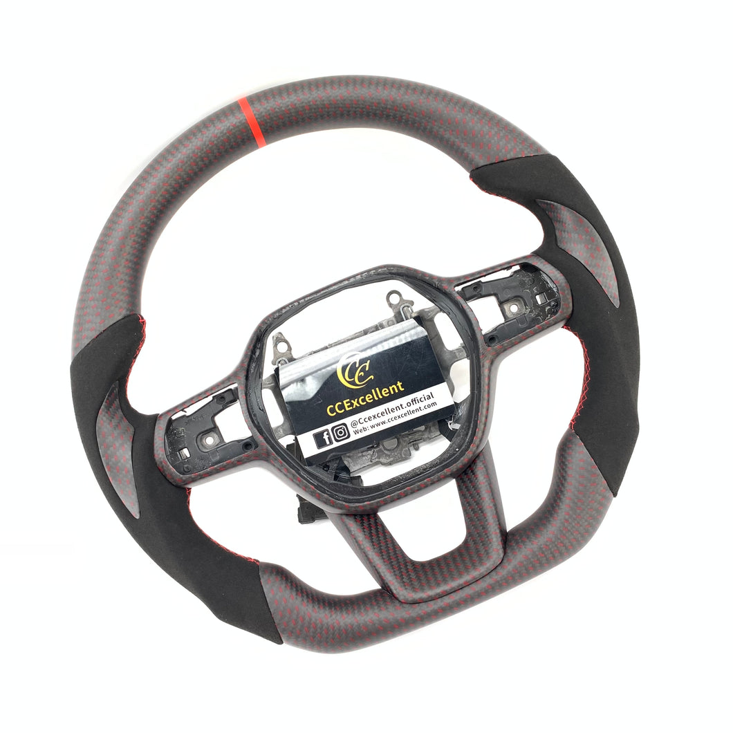 CCexcellent For 11th Gen/2022-2023 Honda Civic carbon fiber steering wheel with matte red carbon fiber thumbgrips