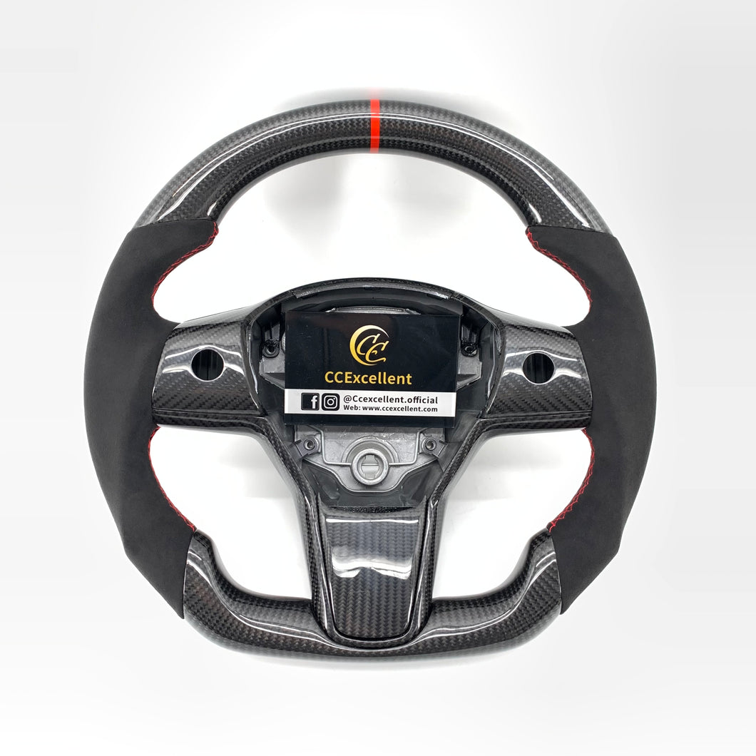 CCexcellent For 2017-2021 Tesla Model 3/Model Y Carbon Fiber Steering Wheel with black alcantara