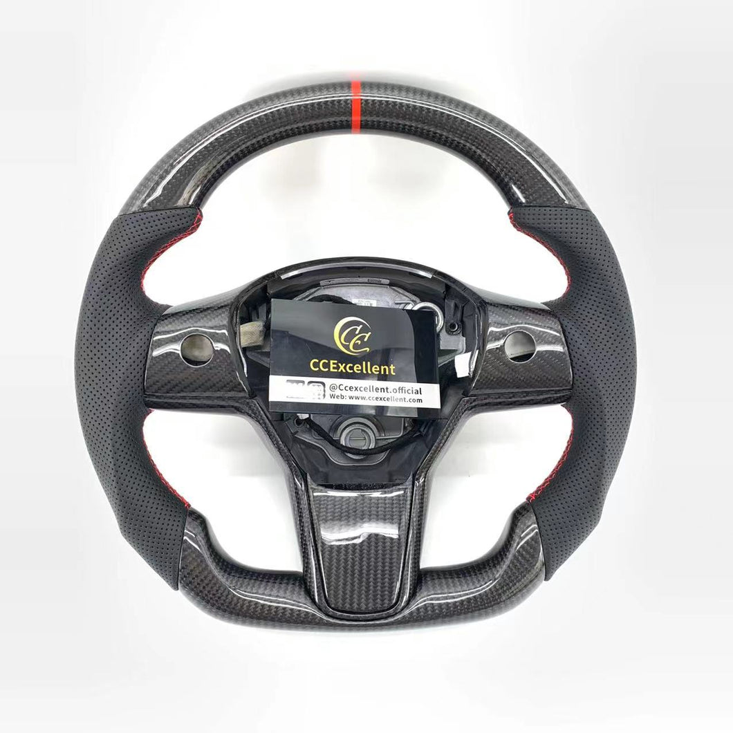 CCexcellent For 2017-2021 Tesla Model 3/Model Y Carbon Fiber Steering Wheel with red stripe line