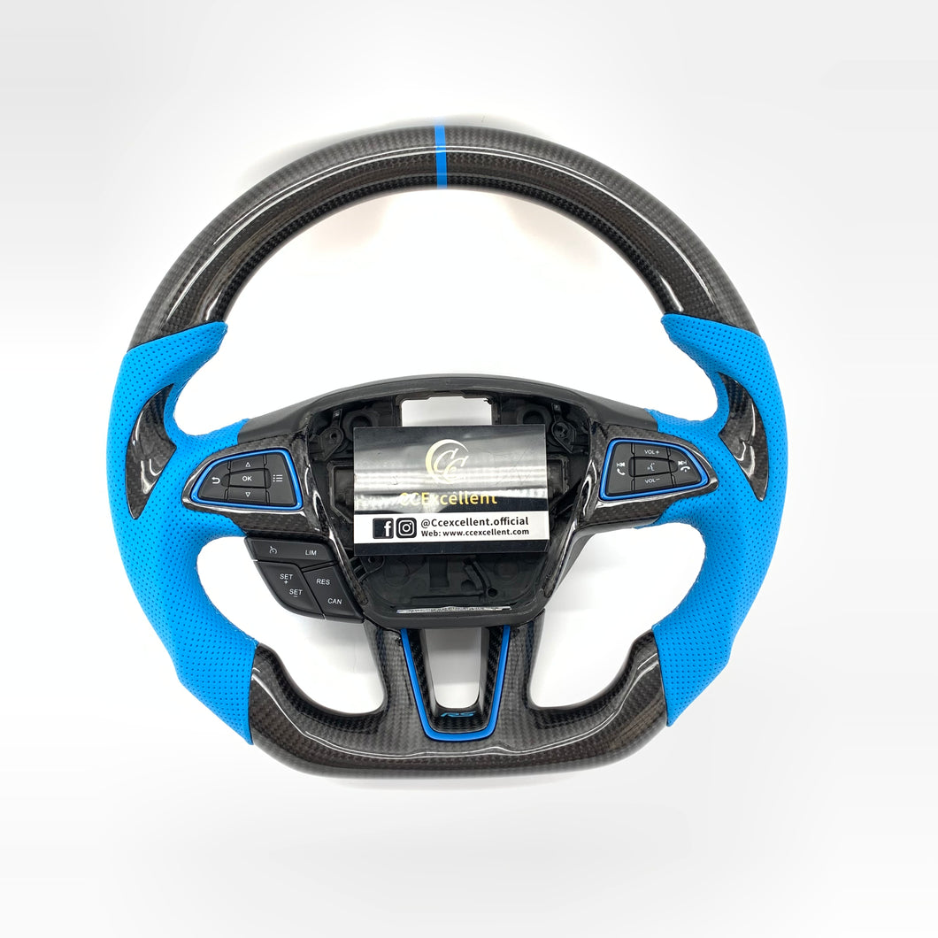 CCExcellent For Ford Focus MK3 RS/ST /EcoSport/Escape/Kuga/C-MAX 2015-2020 Carbon Fiber Steering Wheel With blue perforated leather