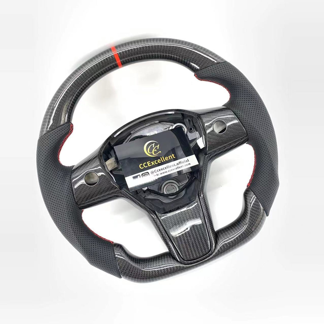 CCexcellent For 2017-2021 Tesla Model 3/Model Y Carbon Fiber Steering Wheel with red stitching