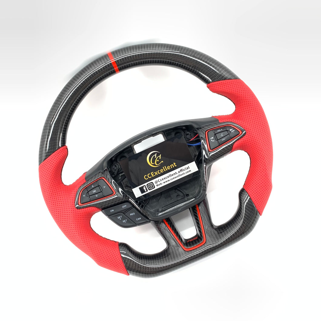 CCExcellent For Ford Focus MK3 RS/ST /EcoSport/Escape/Kuga/C-MAX 2015-2020 Carbon Fiber Steering Wheel With red “RS” printing logo