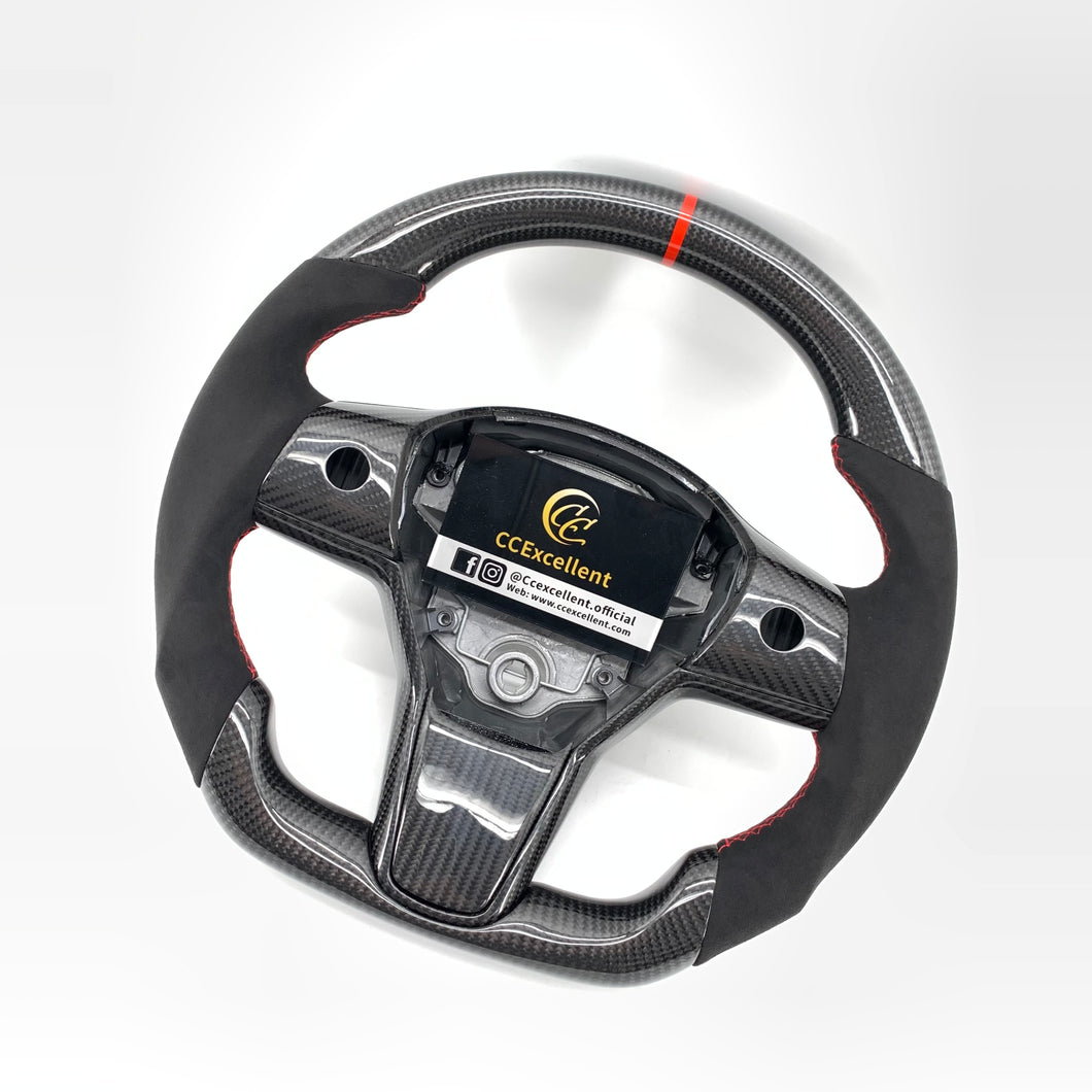 CCexcellent For 2017-2021 Tesla Model 3/Model Y Carbon Fiber Steering Wheel with black alcantara and red stripe line