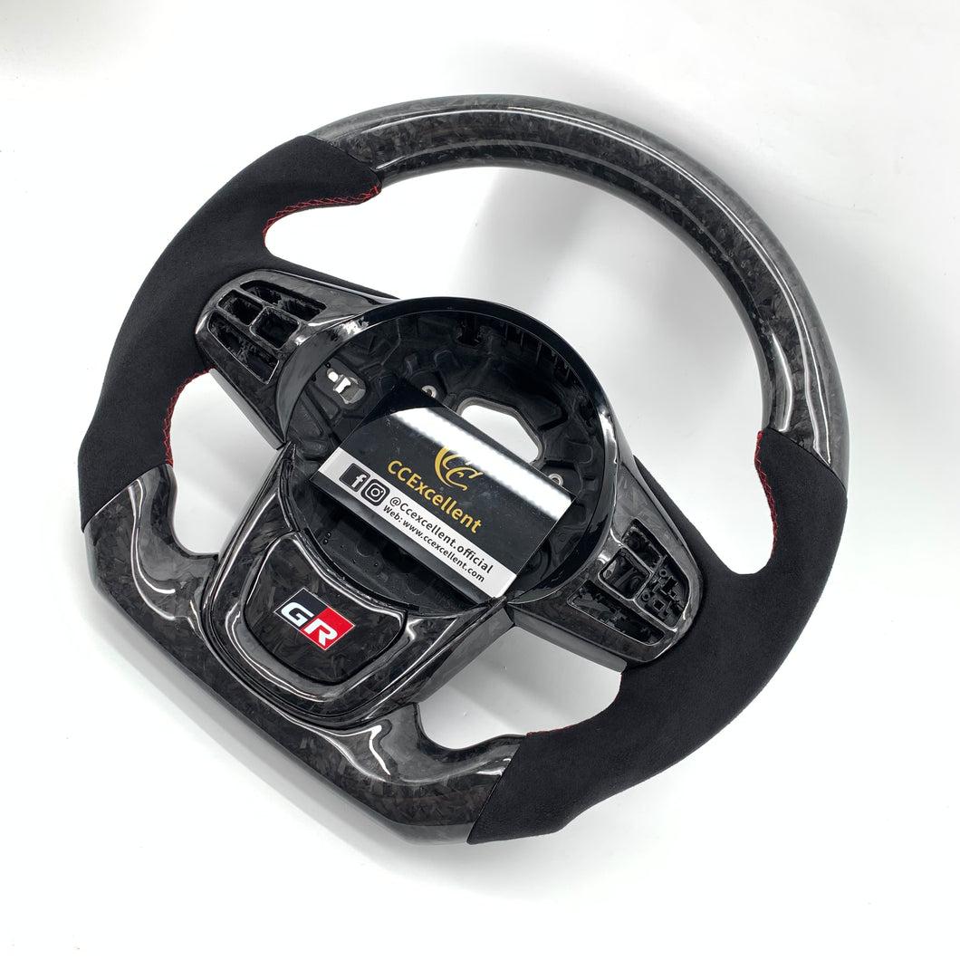 CCexcellent For Toyota Supra A90 carbon fiber steering wheel with gloss black forged carbon fiber with round top，flat bottom