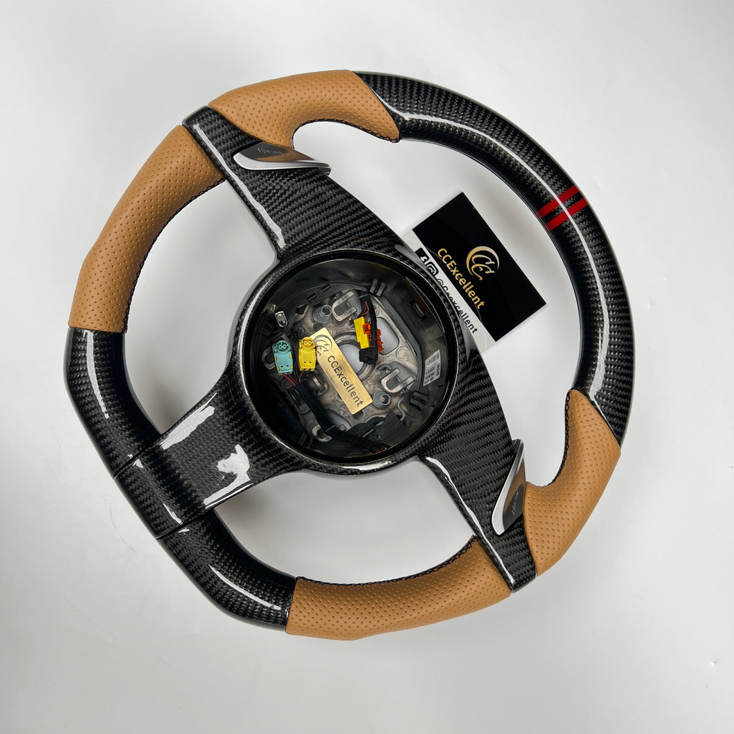 CCexcellent  For Porsche Boxster models 2013 2014 2015 2016 carbon steering wheel with brown perforated leather sides