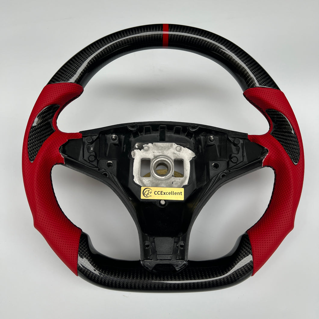 CCexcellent For Tesla Model S carbon fiber steering wheel with red perforated leather