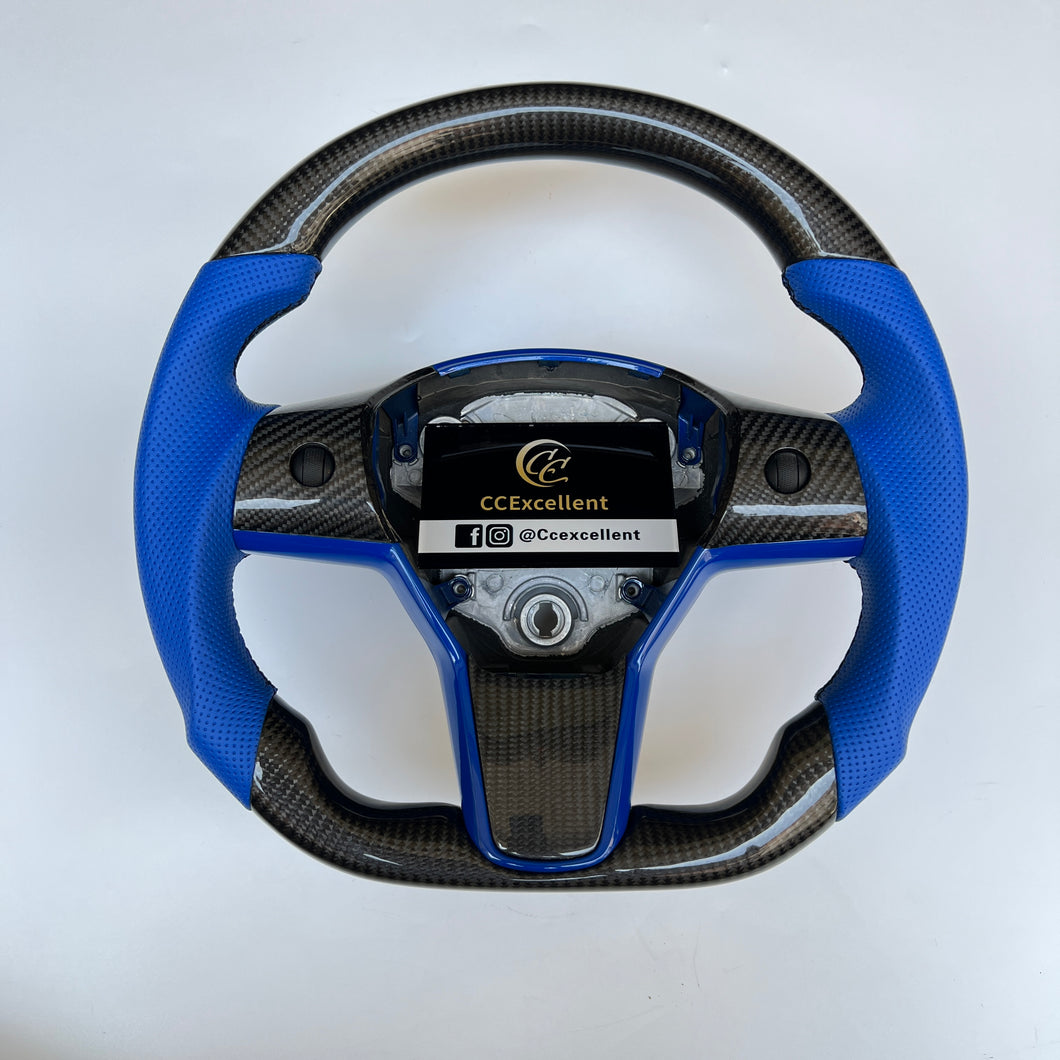 CCexcellent For Tesla Model 3 steering wheel carbon fiber with blue perforated leather