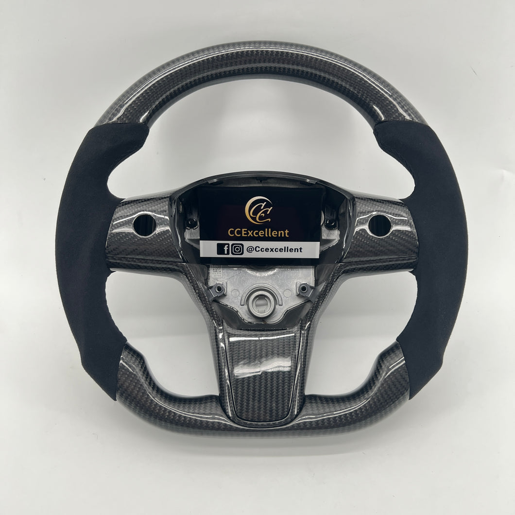 CCexcellent For Tesla Model 3 steering wheel carbon fiber with black suede