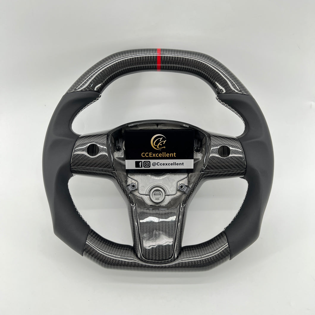 CCexcellent For TeslaModel 3 steering wheel carbon fiber black smooth leather