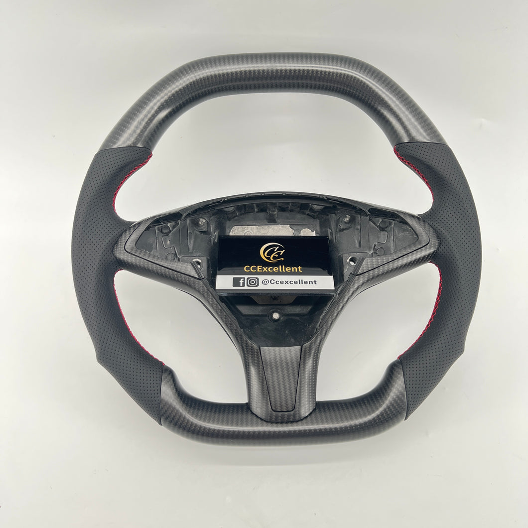 CCexcellent For Tesla Model S carbon fiber steering wheel with black perforated leather